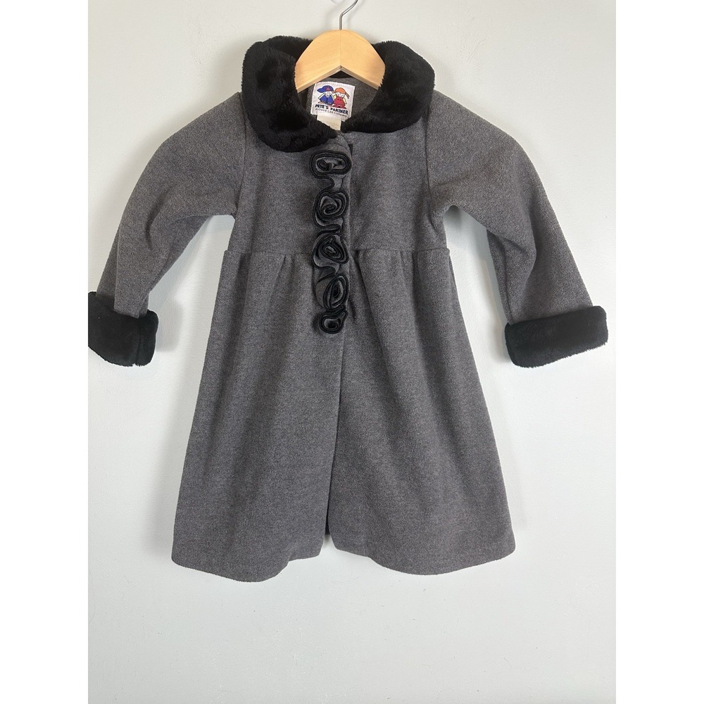 Pete's Partner Girls Gray Dress Coat Size 4 Faux Fur Collar & Cuffs Rosette VTG